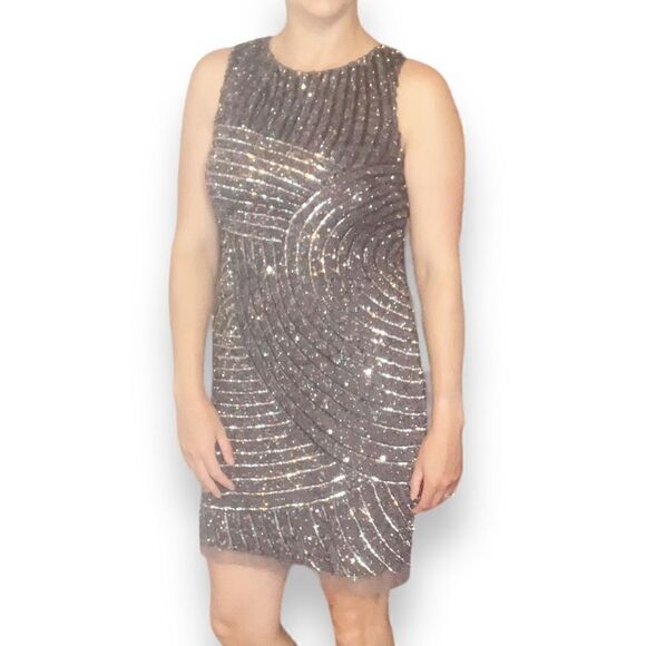AIDAN MATTOX Formal Dark Grey, Open Back Sequin Beaded Sparkly Mini Dress SIZE 8 - Picture 9 of 15